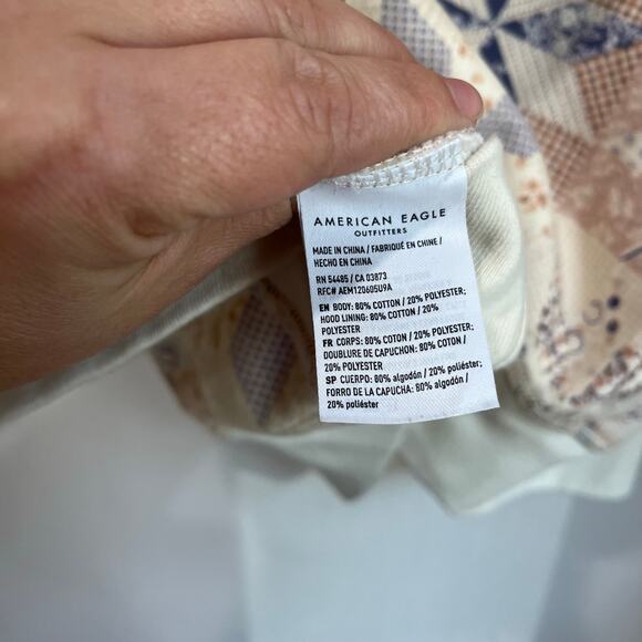 American Eagle Soft Knit Hoodie Pullover Sweater Boho Patchwork Print Sz M - Picture 6 of 10